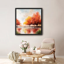 Autumn lake and deers