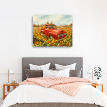 Truck and pumpkin field