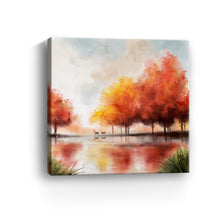 Autumn lake and deers