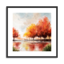 Autumn lake and deers